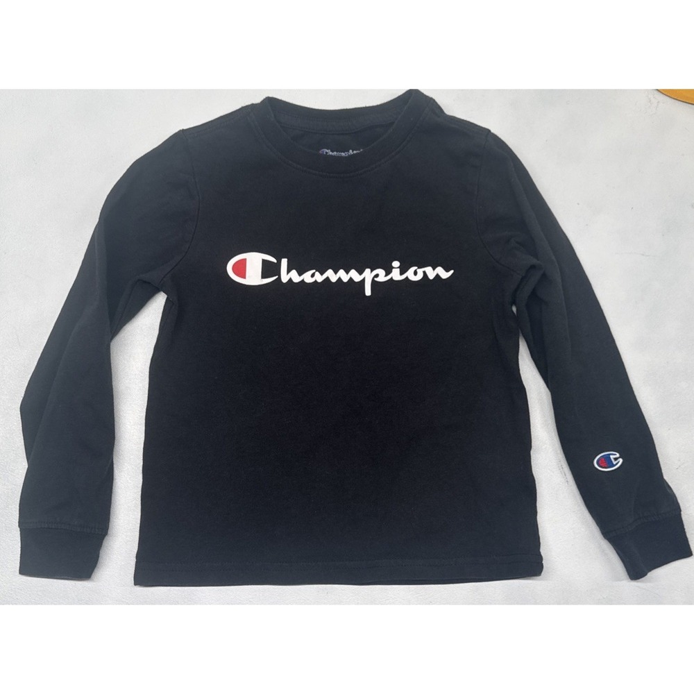 Champion Boys Long Sleeve Logo T-Shirt Black Size 6 Classic Athletic Cotton
